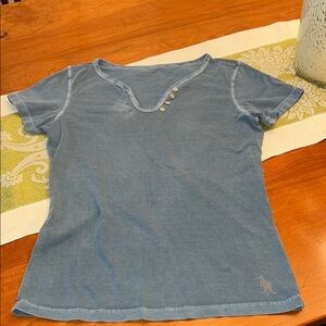 Blue V-Neck T-Shirt with Button Detail